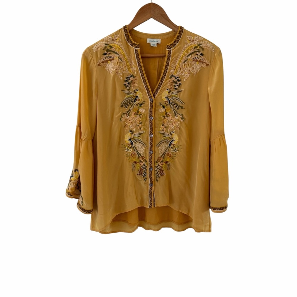Sundance Embroidered Bird Floral Tunic Top Womens PXS Yellow Boho Bell Sleeve